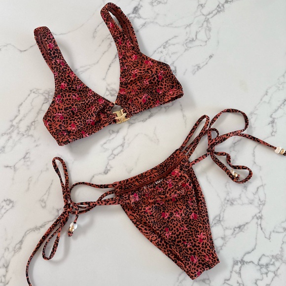 Kulani Kinis Other - Kulani Kinis Ring Contour Crop Top + Tie Ruched Thong Bottoms - Wild Rose